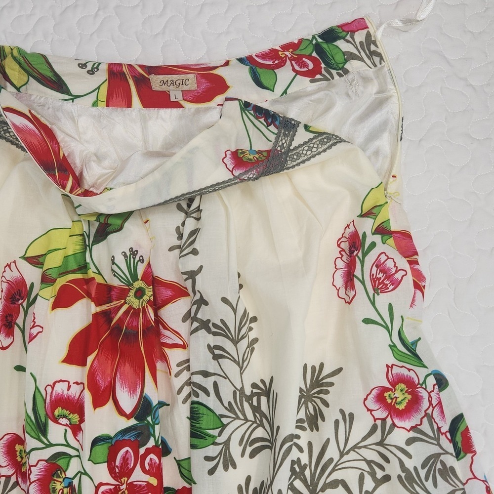 Cotton Skirt Garden Party Floral MIDI Elegant Tropical Preppy LARGE waist 30" - Picture 7 of 8